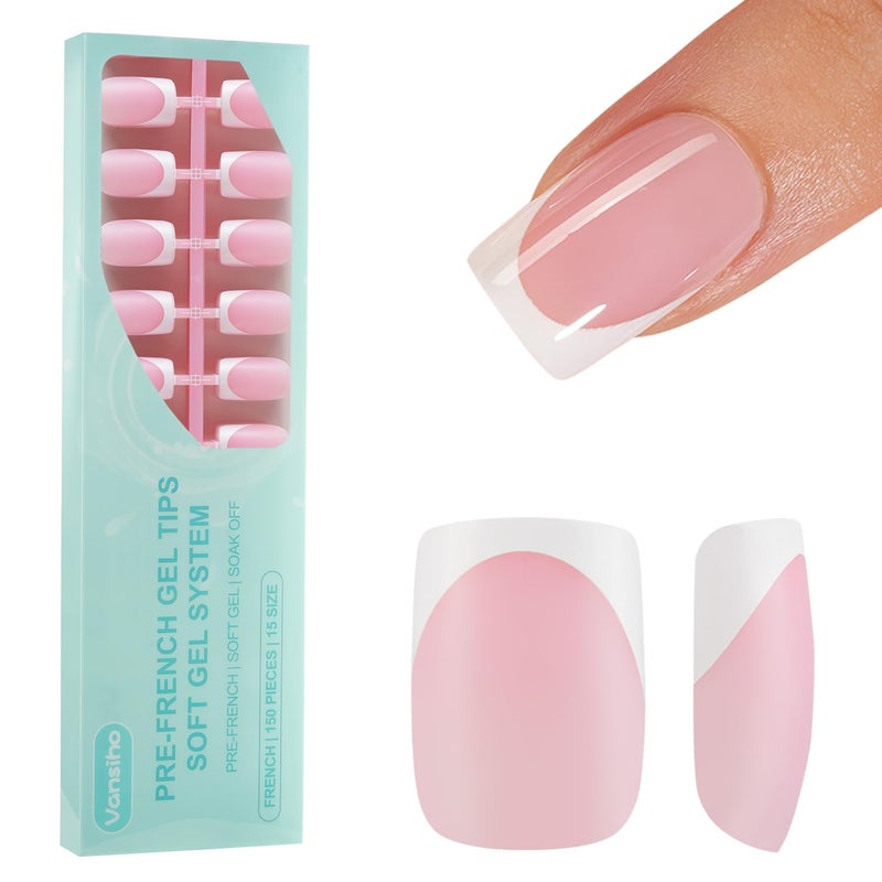 VANSIHO 150Pcs French Gel Nails, Vansiho French Tip Press on Nails Pink, Short Square Soft Gel Nails, Acrylic Fake Nails for Nail Art DIY 15 Sizes - Image 1