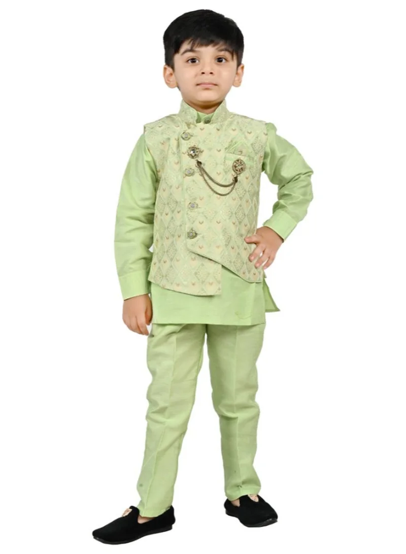 BT DEZINES Boys Light Green Kurta Pyjama Set with Waistcoat