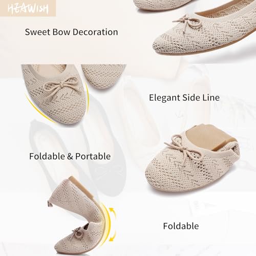HEAWISH Women’s Flats Shoes Comfortable Black Beige Flats Crochet Lace Mesh Round Toe Slip On Casual Ballet Flats Dress Shoes(Beige, US7.5) - Image 3