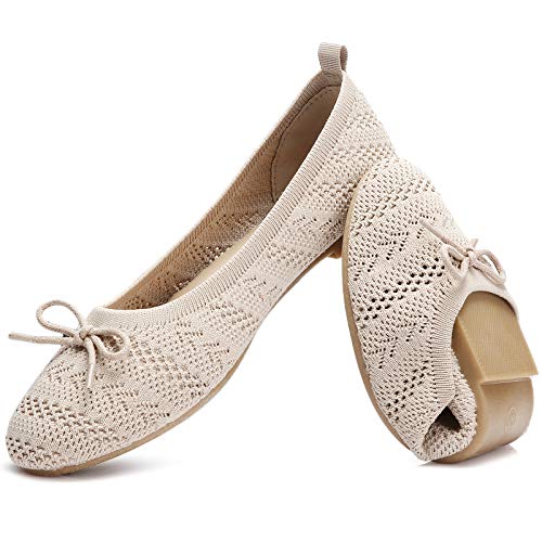 HEAWISH Women’s Flats Shoes Comfortable Black Beige Flats Crochet Lace Mesh Round Toe Slip On Casual Ballet Flats Dress Shoes(Beige, US7.5) - Image 1