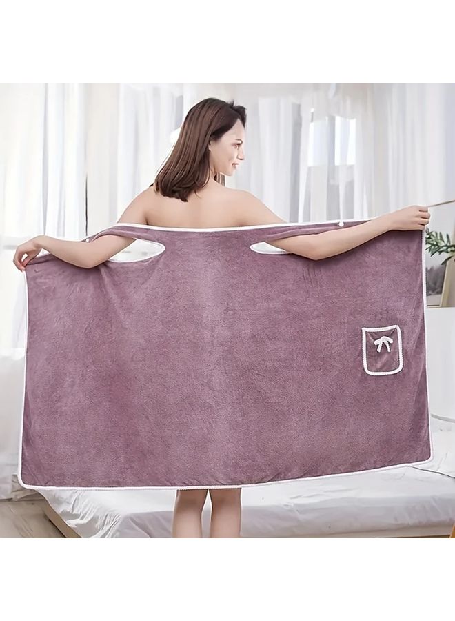 Purple Womens Quick Dry Bath Towel Robe Wrap With Pocket And Bow Size L - Image 1