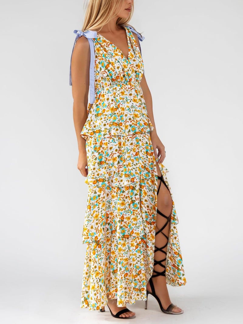 Wenrine Womens Summer Floral Maxi Dress Tie Strap Sleeveless V Neck High Slit Boho Ruffle Tiered Beach Dresses Yellow - Image 3