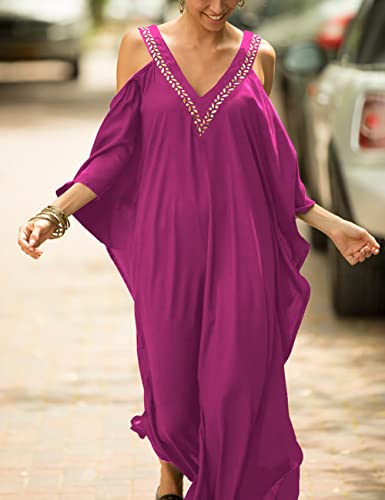 Bsubseach Turkish Cold Shoulder Kaftan Dresses Swimsuit Cover Up Maxi Dress Beach Cover Ups Rose Red - Image 2