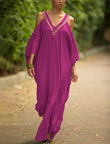 Bsubseach Turkish Cold Shoulder Kaftan Dresses Swimsuit Cover Up Maxi Dress Beach Cover Ups Rose Red - Image 4