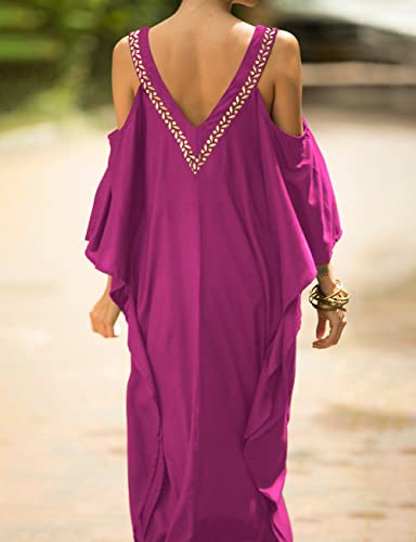 Bsubseach Turkish Cold Shoulder Kaftan Dresses Swimsuit Cover Up Maxi Dress Beach Cover Ups Rose Red - Image 5