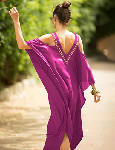 Bsubseach Turkish Cold Shoulder Kaftan Dresses Swimsuit Cover Up Maxi Dress Beach Cover Ups Rose Red - Image 3