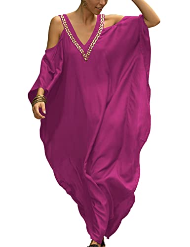 Bsubseach Turkish Cold Shoulder Kaftan Dresses Swimsuit Cover Up Maxi Dress Beach Cover Ups Rose Red - Image 1