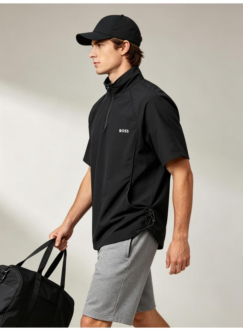 BOSS Unisex Half Zip Stand Collar Short Sleeve Sports Top, Adjustable Side Drawstring Loose Breathable Outdoor Windshirt, Black - Image 1