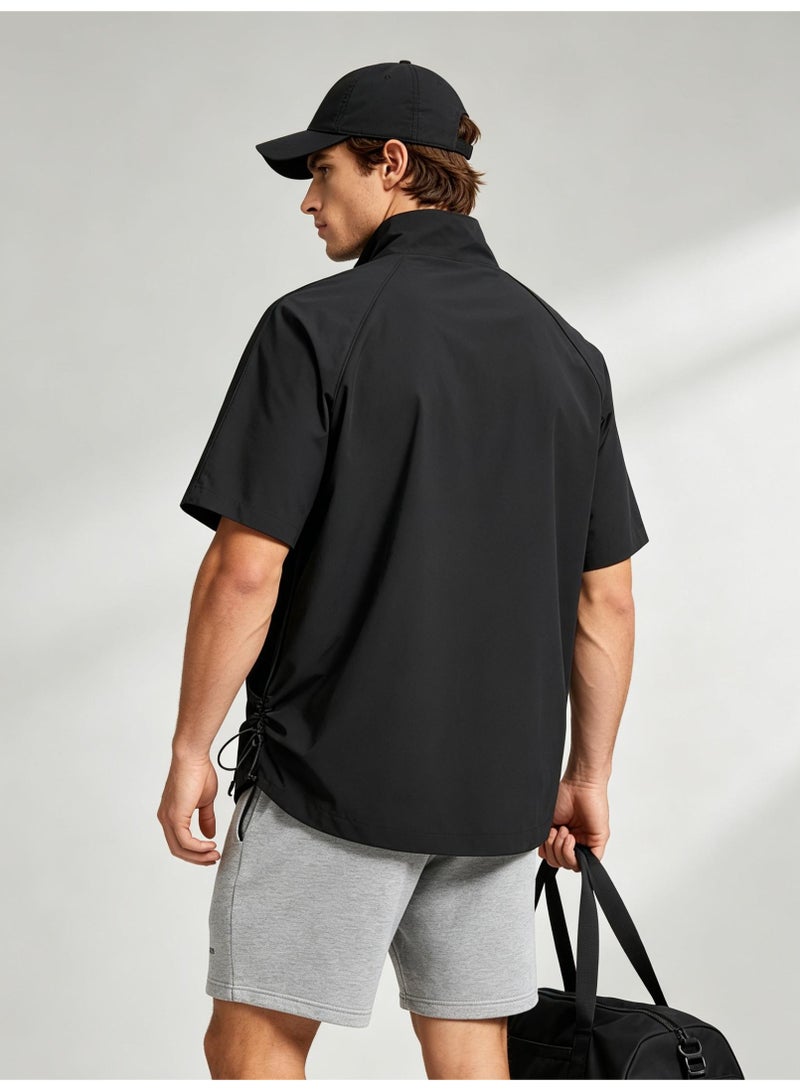BOSS Unisex Half Zip Stand Collar Short Sleeve Sports Top, Adjustable Side Drawstring Loose Breathable Outdoor Windshirt, Black - Image 2