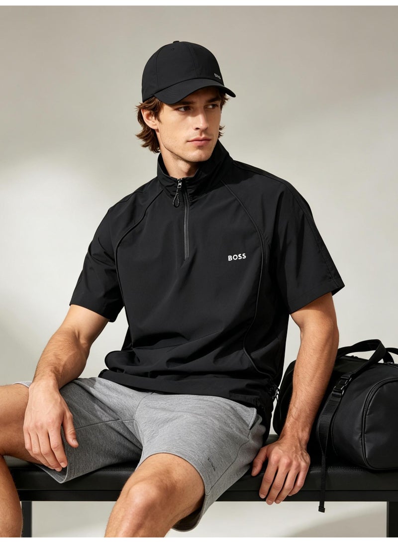 BOSS Unisex Half Zip Stand Collar Short Sleeve Sports Top, Adjustable Side Drawstring Loose Breathable Outdoor Windshirt, Black - Image 5