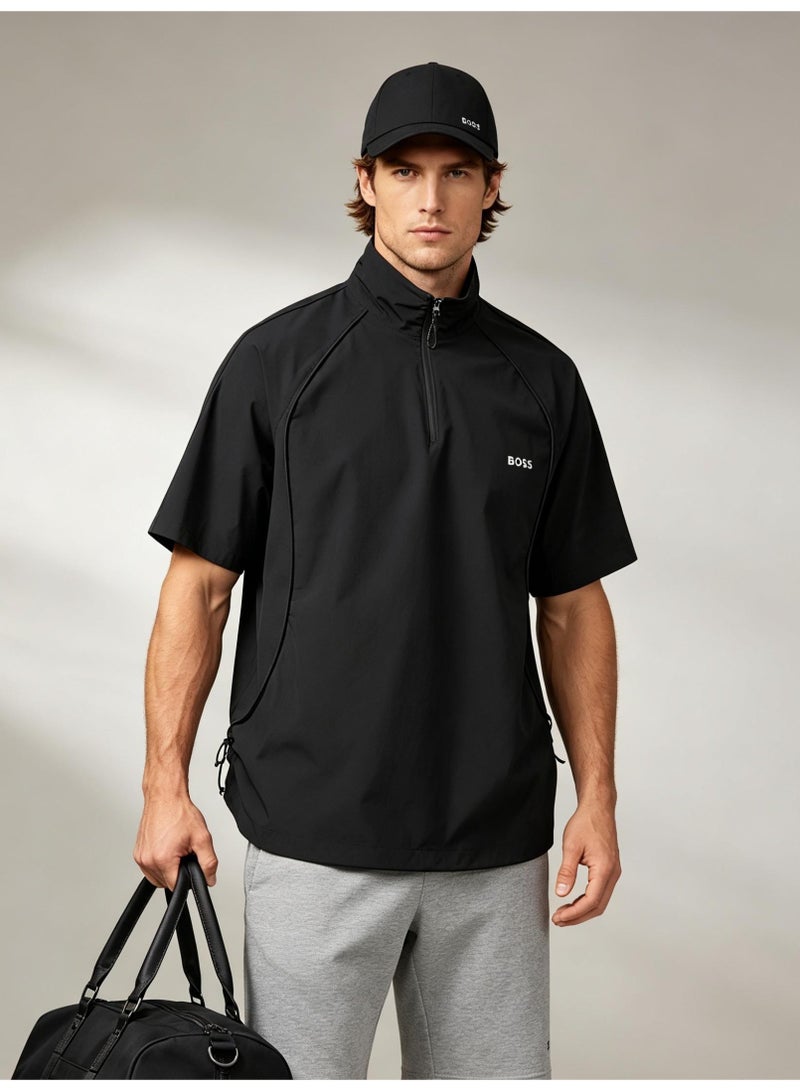 BOSS Unisex Half Zip Stand Collar Short Sleeve Sports Top, Adjustable Side Drawstring Loose Breathable Outdoor Windshirt, Black - Image 4