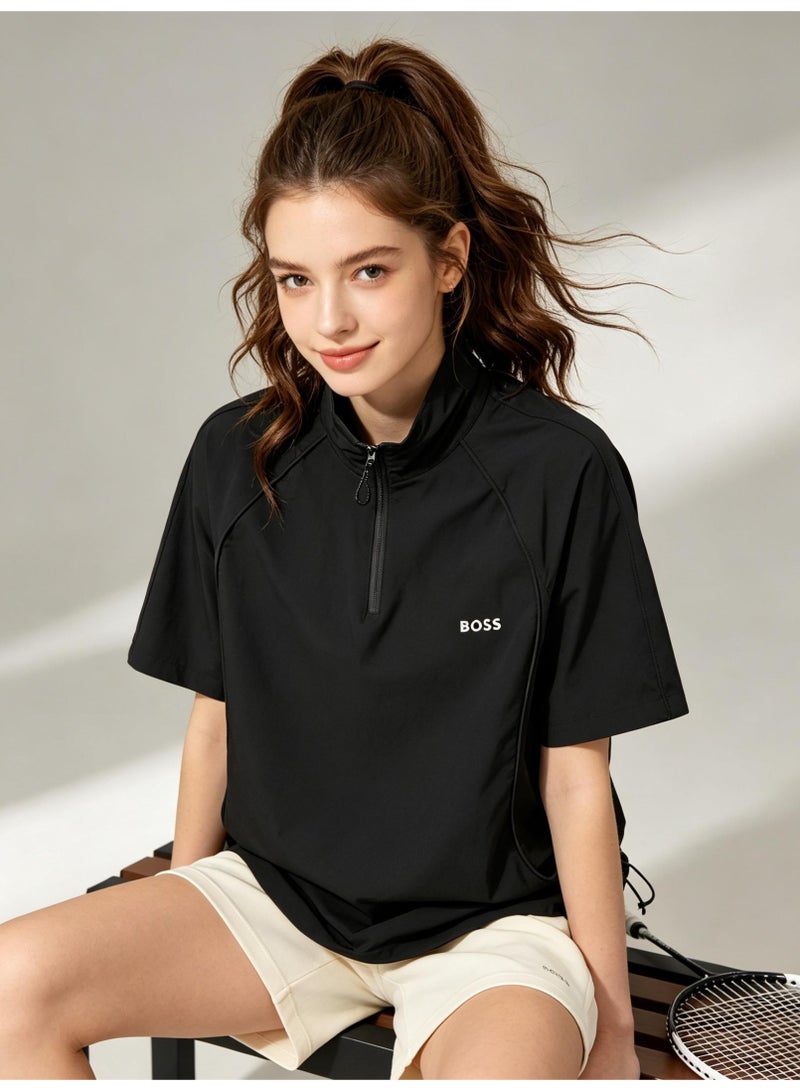 BOSS Unisex Half Zip Stand Collar Short Sleeve Sports Top, Adjustable Side Drawstring Loose Breathable Outdoor Windshirt, Black - Image 3