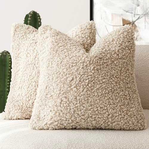 Foindtower 2 Pieces 24x24 Inch Light Khaki 100 Polyester Throw Pillow Cover Accent Sherpa Pillow Fuzzy Soft Pillowcases Sheepskin Decorative Fleece Cushion Case for Bed Couch Living Room - Image 1