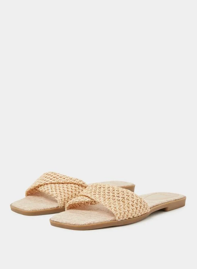 Styli  Beige Weave Pattern Open Toe Flat Sandals for Women | Best Price UAE