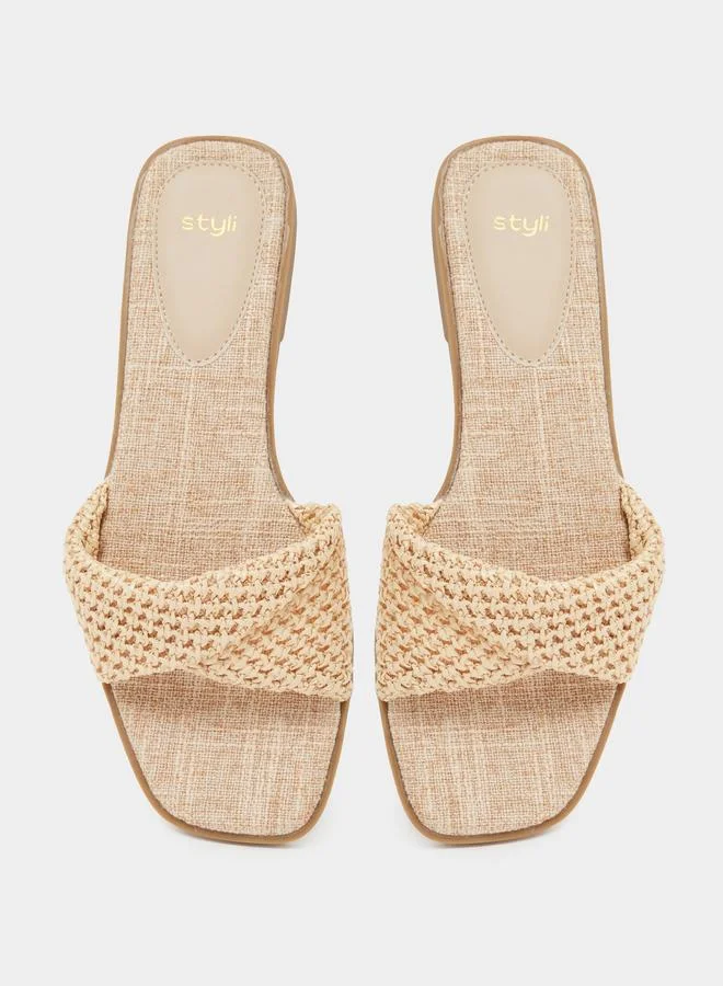Styli  Beige Weave Pattern Open Toe Flat Sandals for Women | Best Price UAE