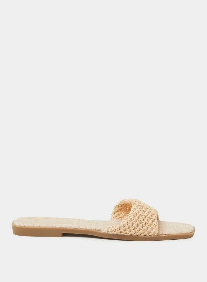 Beige Weave Pattern Open Toe Flat Sandals