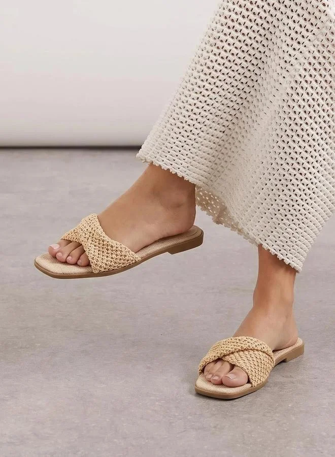Styli  Beige Weave Pattern Open Toe Flat Sandals for Women | Best Price UAE
