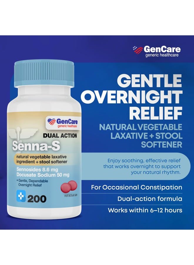GenCare Senna-S Natural Vegetable Laxative Plus Stool Softener Dual Action (200 Tablets) Value Pack | Gentle Dependable Overnight Relief of Occasional Constipation Generic for Senokot-S - Image 2