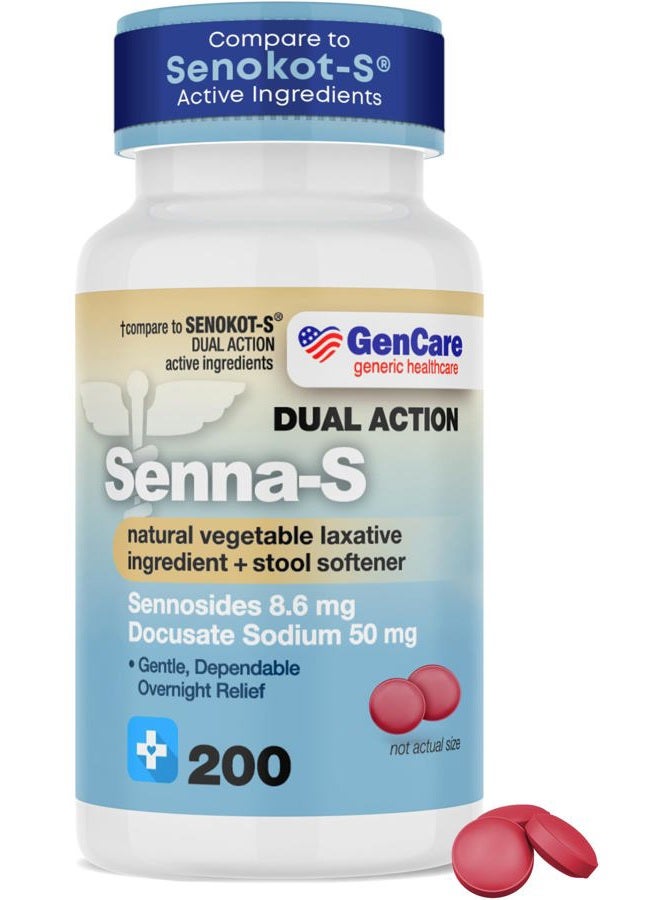 GenCare Senna-S Natural Vegetable Laxative Plus Stool Softener Dual Action (200 Tablets) Value Pack | Gentle Dependable Overnight Relief of Occasional Constipation Generic for Senokot-S - Image 1