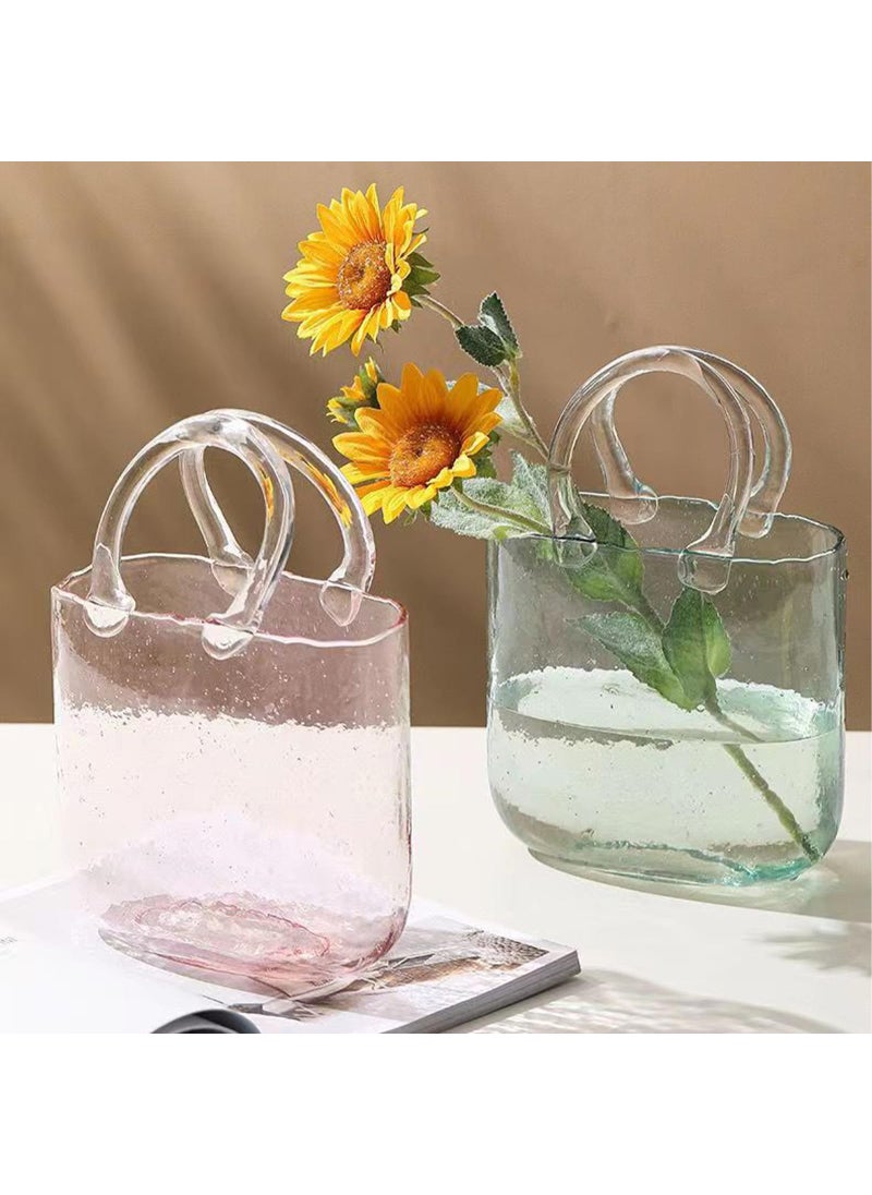WMM Glass Vase with Elegant Purse Design  Hand Purse vase with Fish Bowl  Unique Flower Vase with Handle and Bubbles - for Home Decor/Office/Garden/Wedding Decor/Enterpiece/Events(Light Pink)  - Image 4