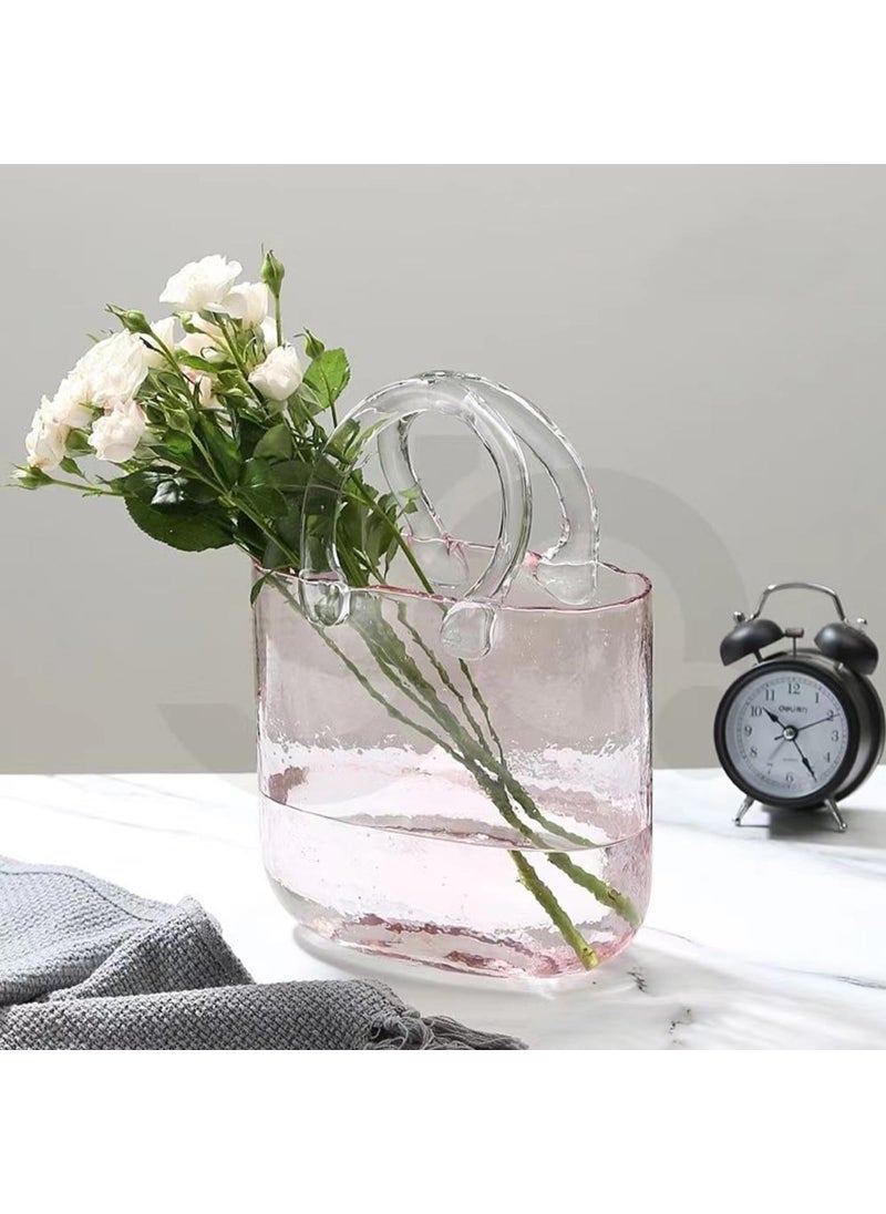 WMM Glass Vase with Elegant Purse Design  Hand Purse vase with Fish Bowl  Unique Flower Vase with Handle and Bubbles - for Home Decor/Office/Garden/Wedding Decor/Enterpiece/Events(Light Pink)  - Image 3