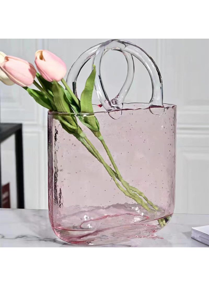WMM Glass Vase with Elegant Purse Design  Hand Purse vase with Fish Bowl  Unique Flower Vase with Handle and Bubbles - for Home Decor/Office/Garden/Wedding Decor/Enterpiece/Events(Light Pink)  - Image 2