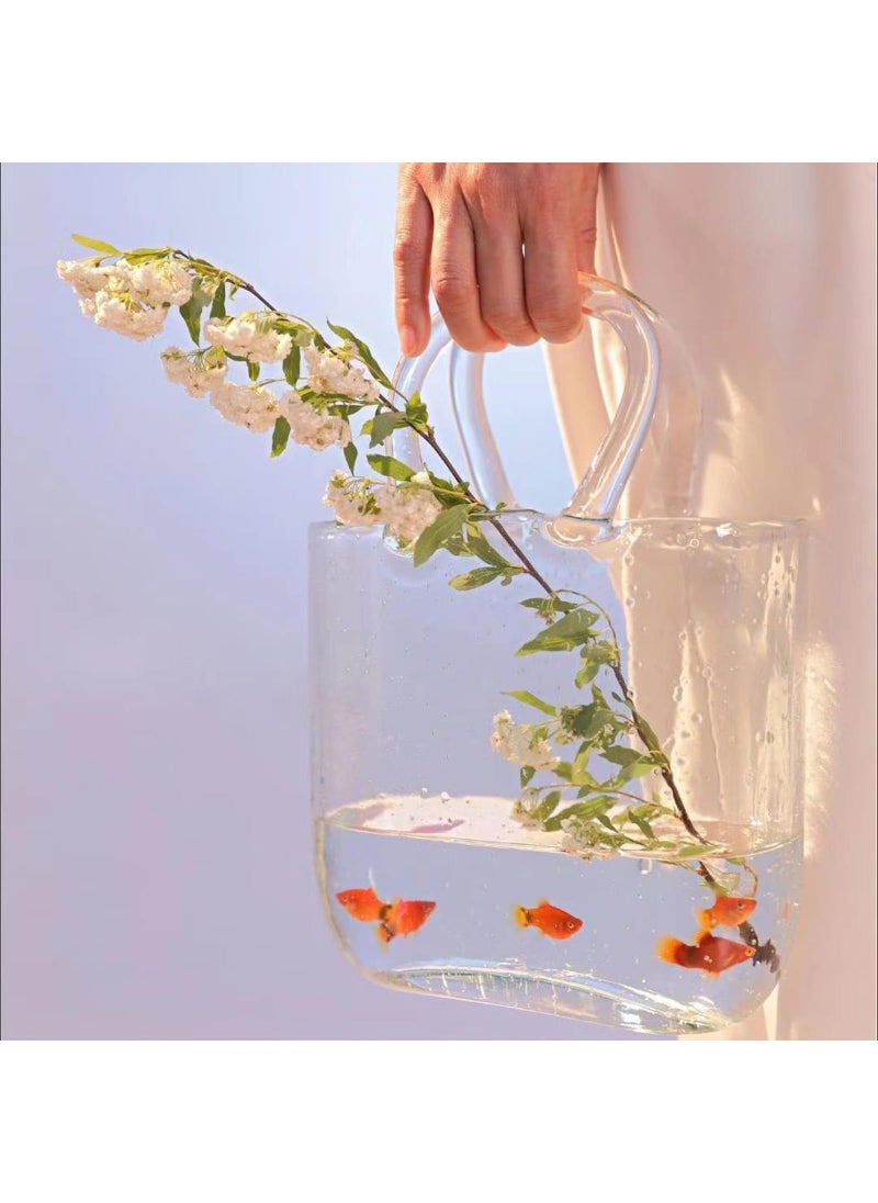 WMM Glass Vase with Elegant Purse Design  Hand Purse vase with Fish Bowl  Unique Flower Vase with Handle and Bubbles - for Home Decor/Office/Garden/Wedding Decor/Enterpiece/Events(Light Pink)  - Image 1