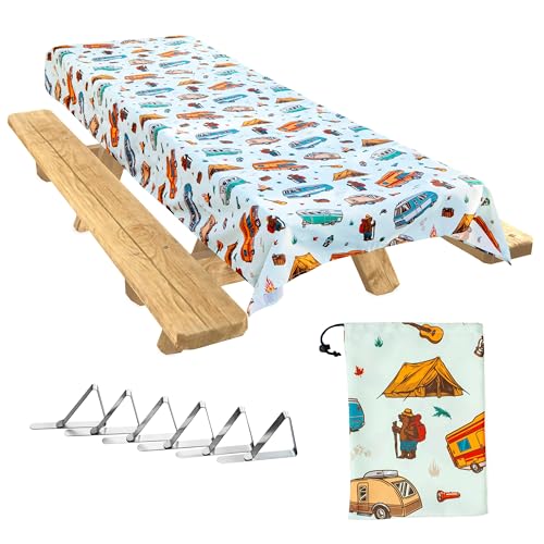 Jolly Camper مفرش طاولة التخييم جولي كامبر، مفرش طاولة نزهة، يناسب الطاولات من 4 أقدام إلى 8 أقدام، بوليستر، قابل للغسل وإعادة الاستخدام، مقاوم للبقع واللطخات، مقاوم للماء، مفرش طاولة لطاولة النزهة - عتيق RV - Image 1