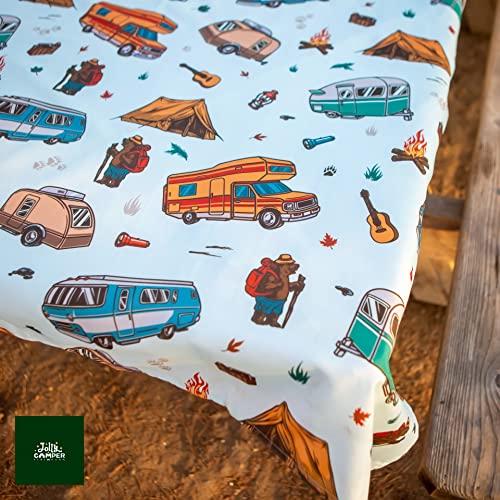 Jolly Camper مفرش طاولة التخييم جولي كامبر، مفرش طاولة نزهة، يناسب الطاولات من 4 أقدام إلى 8 أقدام، بوليستر، قابل للغسل وإعادة الاستخدام، مقاوم للبقع واللطخات، مقاوم للماء، مفرش طاولة لطاولة النزهة - عتيق RV - Image 2