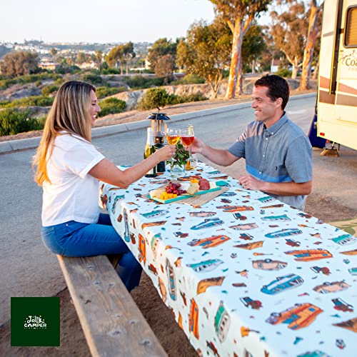Jolly Camper مفرش طاولة التخييم جولي كامبر، مفرش طاولة نزهة، يناسب الطاولات من 4 أقدام إلى 8 أقدام، بوليستر، قابل للغسل وإعادة الاستخدام، مقاوم للبقع واللطخات، مقاوم للماء، مفرش طاولة لطاولة النزهة - عتيق RV - Image 5