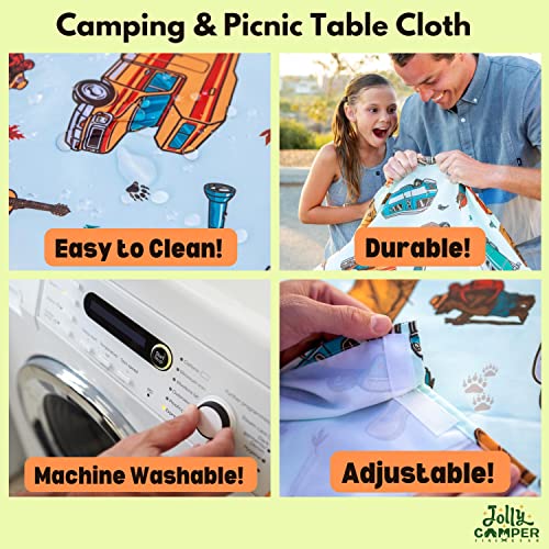 Jolly Camper مفرش طاولة التخييم جولي كامبر، مفرش طاولة نزهة، يناسب الطاولات من 4 أقدام إلى 8 أقدام، بوليستر، قابل للغسل وإعادة الاستخدام، مقاوم للبقع واللطخات، مقاوم للماء، مفرش طاولة لطاولة النزهة - عتيق RV - Image 4
