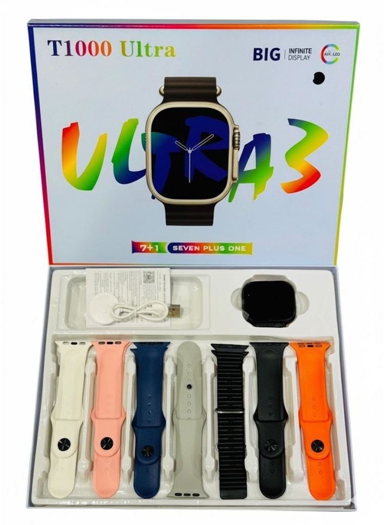 BIG T1000 Ultra Smart Watch, Elegant Design 49MM, Fitness Tracker, Calls Wireless Charging, compatible with IOS & android store, for men and women, 7 straps