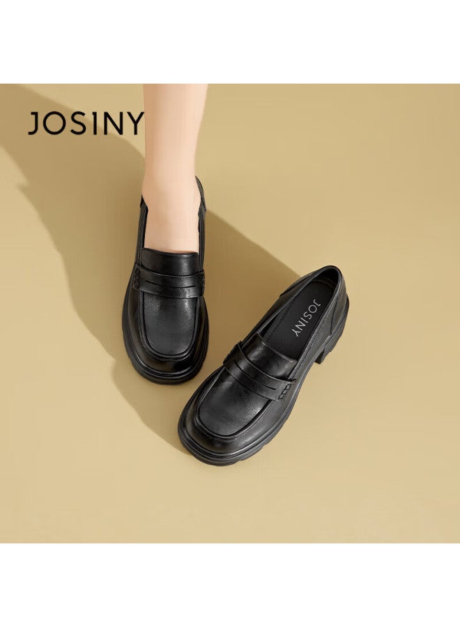 Josiny Zhuo Shi Ni Thick-soled Loafers Women's Spring British Style Soft-soled Slip-on Single Shoes Thick-heeled Small Leather Shoes Black Size 39 - Image 1