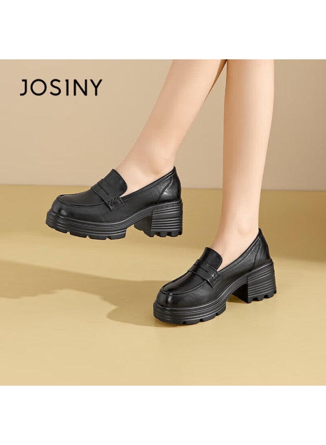 Josiny Zhuo Shi Ni Thick-soled Loafers Women's Spring British Style Soft-soled Slip-on Single Shoes Thick-heeled Small Leather Shoes Black Size 39 - Image 3