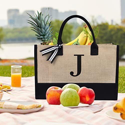 TOPDesign Initial Jute/Canvas Tote Bag, Personalized Present Bag, Suitable for Wedding, Birthday, Beach, Holiday, is a Great Gift for Women, Mom, Teachers, Friends, Bridesmaids (Letter J) - Image 3