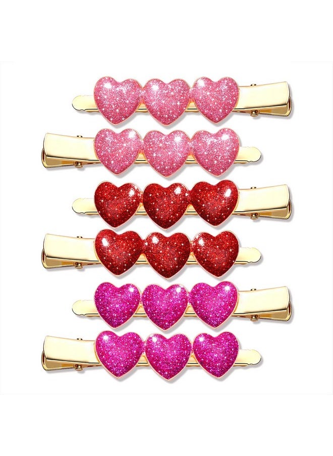 Boderier Oderier 6 Pack Valentine'S Day Heart Hair Clips For Women Red Pink Fuchsia Glitter Rhinestone Heart Clips Hair Barrette Hair Accessory For Women Glitter  - Image 1