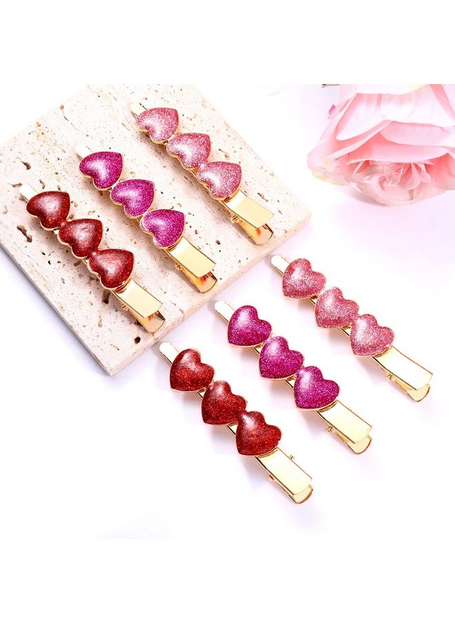 Boderier Oderier 6 Pack Valentine'S Day Heart Hair Clips For Women Red Pink Fuchsia Glitter Rhinestone Heart Clips Hair Barrette Hair Accessory For Women Glitter  - Image 3
