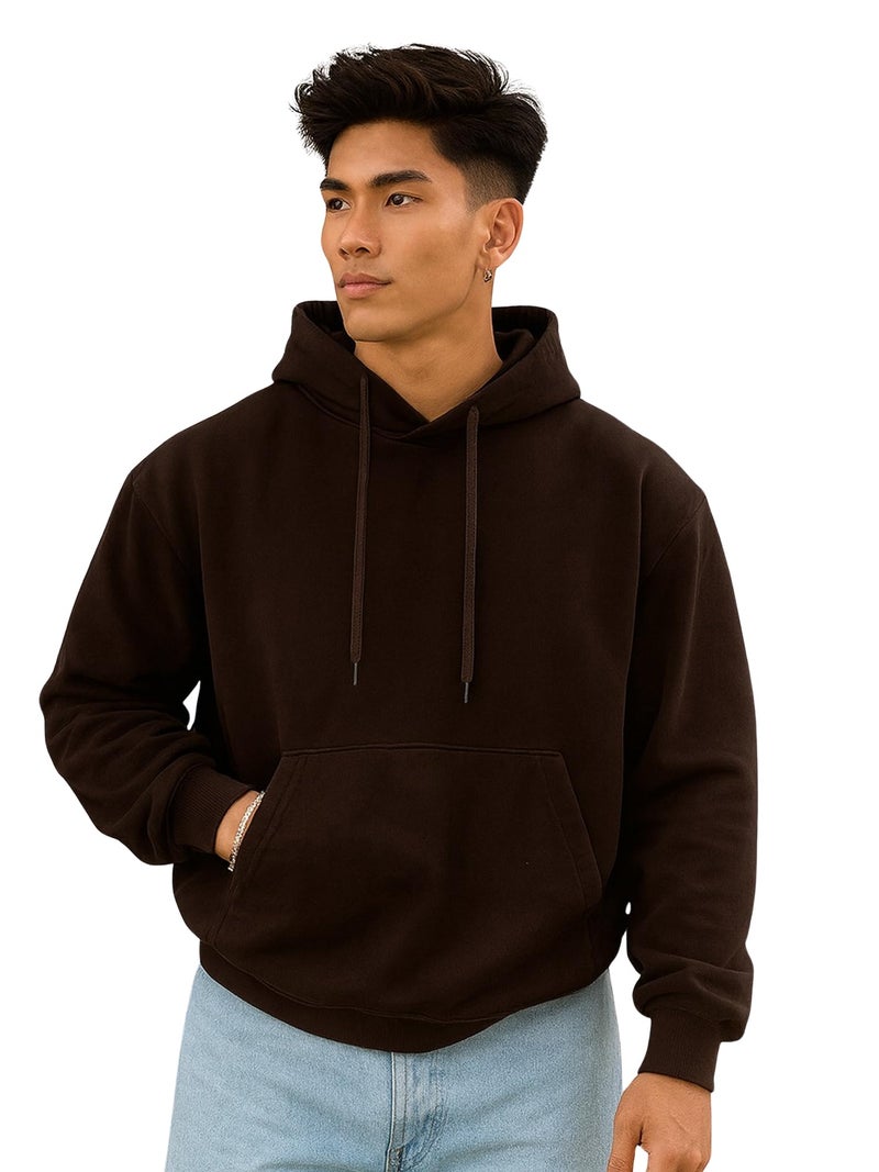 Jump Cuts Mens Solid Hooded Neck Full Sleeve Coffee Brown LoopKnit Sweatshirt - Image 1