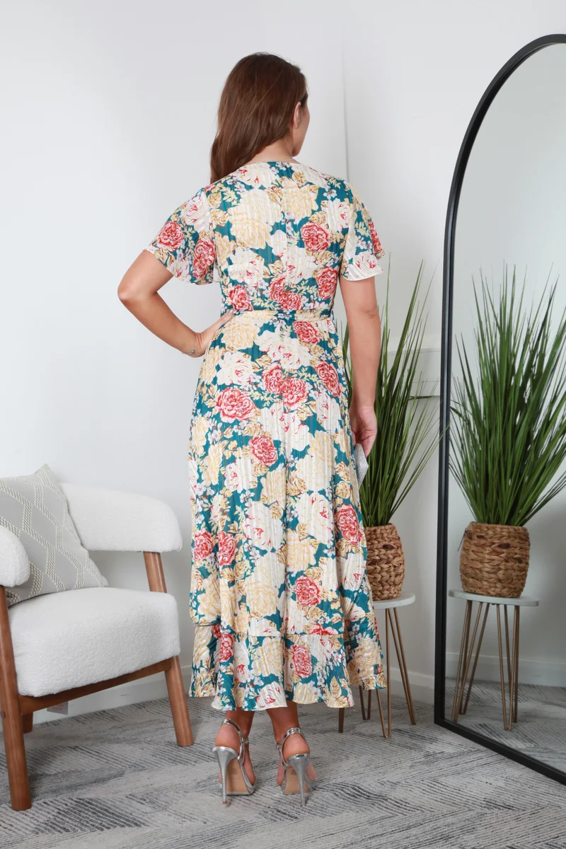 Double Second teal floral Angel Sleeve Frill Hem True Wrap Dress for Women | Best Price UAE