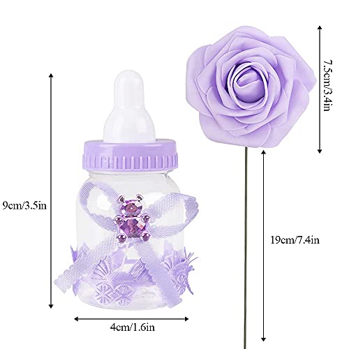 MACTING 2 Dozens 3.5 Inch Feeding Bottle Candy Box with 5Pcs Artificial Flower Rose for Baby Shower Favor Gift Decoration (Purple) - Image 3