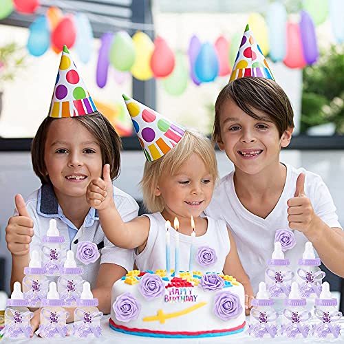 MACTING 2 Dozens 3.5 Inch Feeding Bottle Candy Box with 5Pcs Artificial Flower Rose for Baby Shower Favor Gift Decoration (Purple) - Image 2