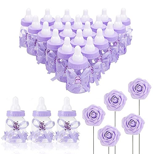 MACTING 2 Dozens 3.5 Inch Feeding Bottle Candy Box with 5Pcs Artificial Flower Rose for Baby Shower Favor Gift Decoration (Purple) - Image 1