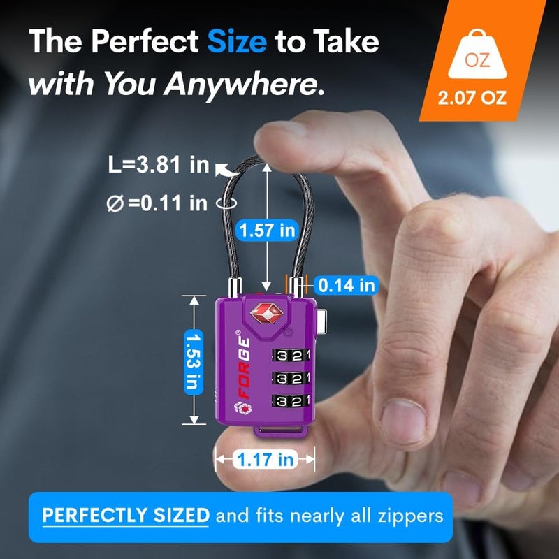 Forge TSA Approved Luggage Locks, Re-settable Combination with Alloy Body (Dark Purple 4 Locks) - Image 5