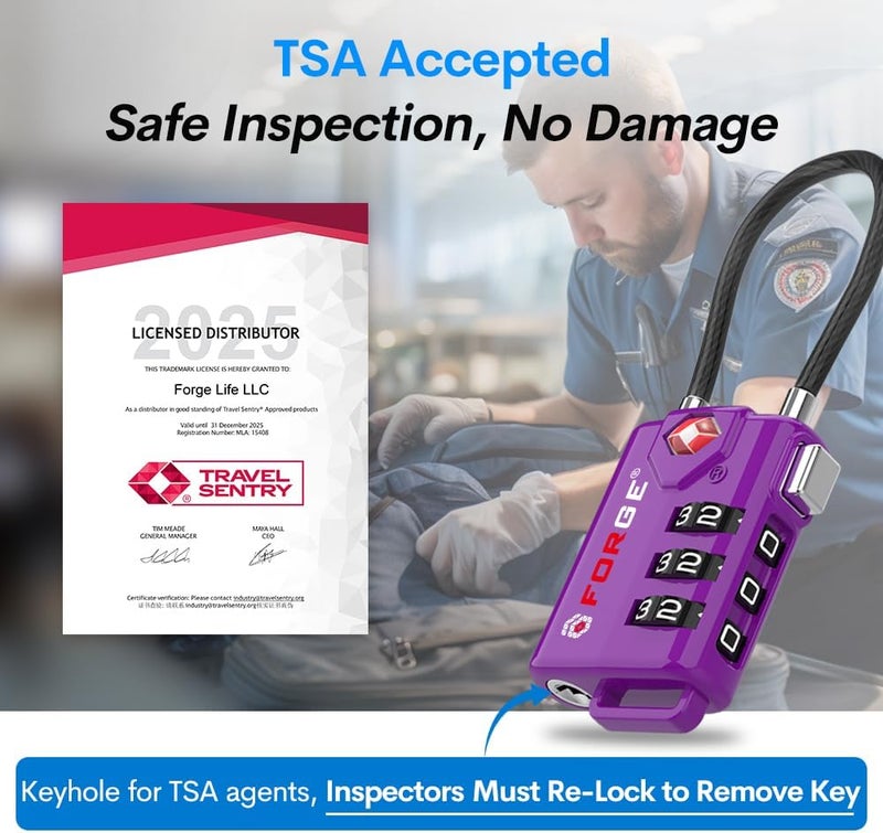 Forge TSA Approved Luggage Locks, Re-settable Combination with Alloy Body (Dark Purple 4 Locks) - Image 2