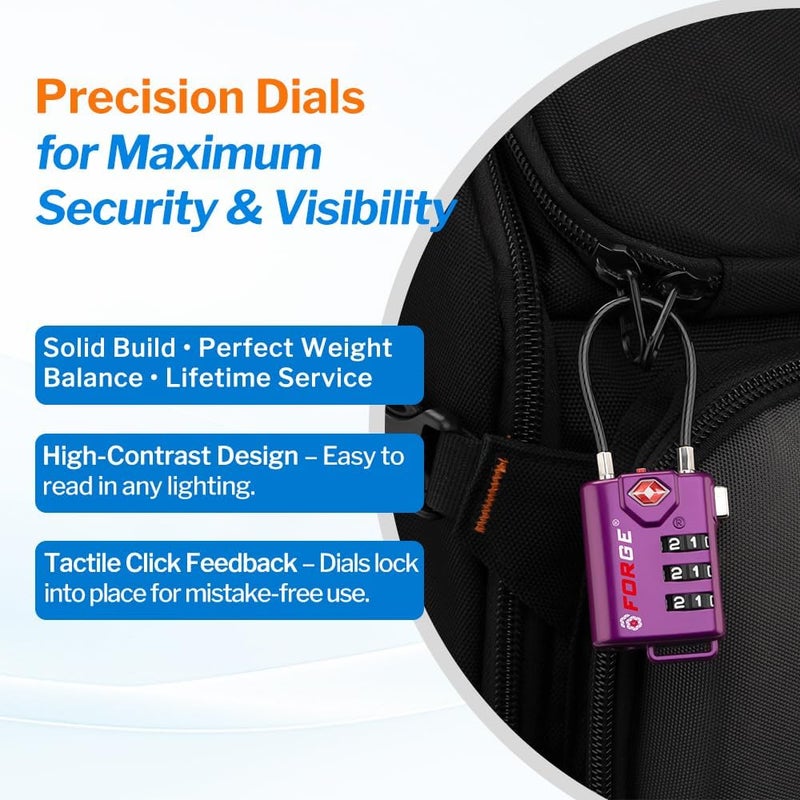 Forge TSA Approved Luggage Locks, Re-settable Combination with Alloy Body (Dark Purple 4 Locks) - Image 4