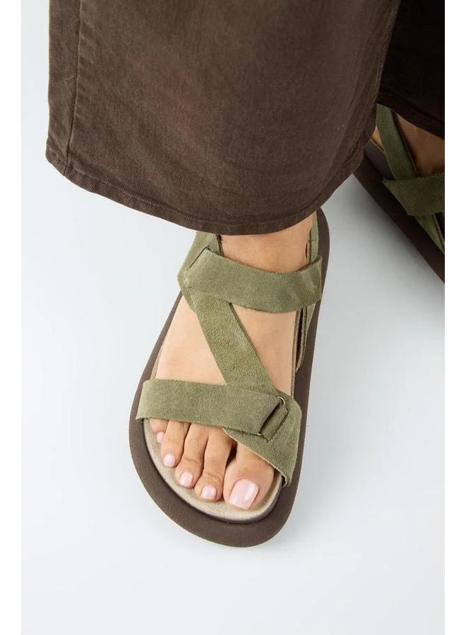Azelya 2 Women's Genuine Leather Buckle Sandal with Strap in Khaki