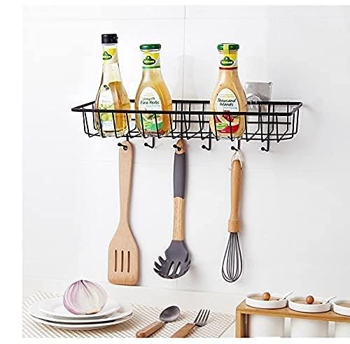 Rasikvar Kitchen Spice Rack, Wall Mounted Spice Shelf, Self-Adhesive Basket, Multipurpose Bathroom Shelf with 6 Hooks/Towel Holder/Rack/Bathroom Accessories - Wall Mount (Black,Powder Coated) - Image 2