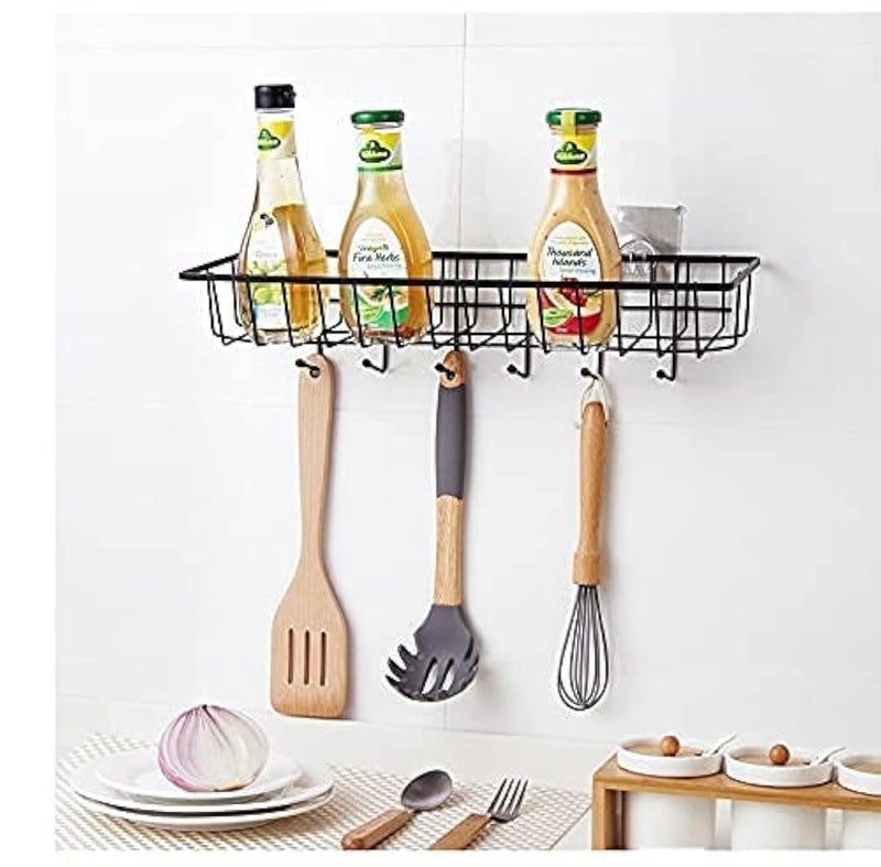 Rasikvar Kitchen Spice Rack, Wall Mounted Spice Shelf, Self-Adhesive Basket, Multipurpose Bathroom Shelf with 6 Hooks/Towel Holder/Rack/Bathroom Accessories - Wall Mount (Black,Powder Coated) - Image 1