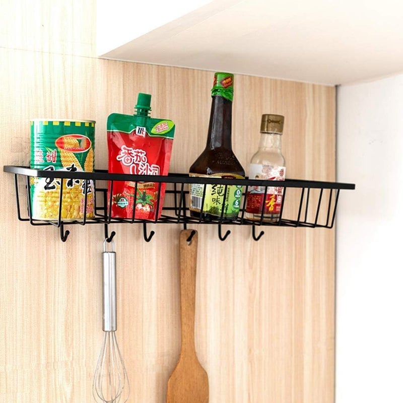 Rasikvar Kitchen Spice Rack, Wall Mounted Spice Shelf, Self-Adhesive Basket, Multipurpose Bathroom Shelf with 6 Hooks/Towel Holder/Rack/Bathroom Accessories - Wall Mount (Black,Powder Coated) - Image 4
