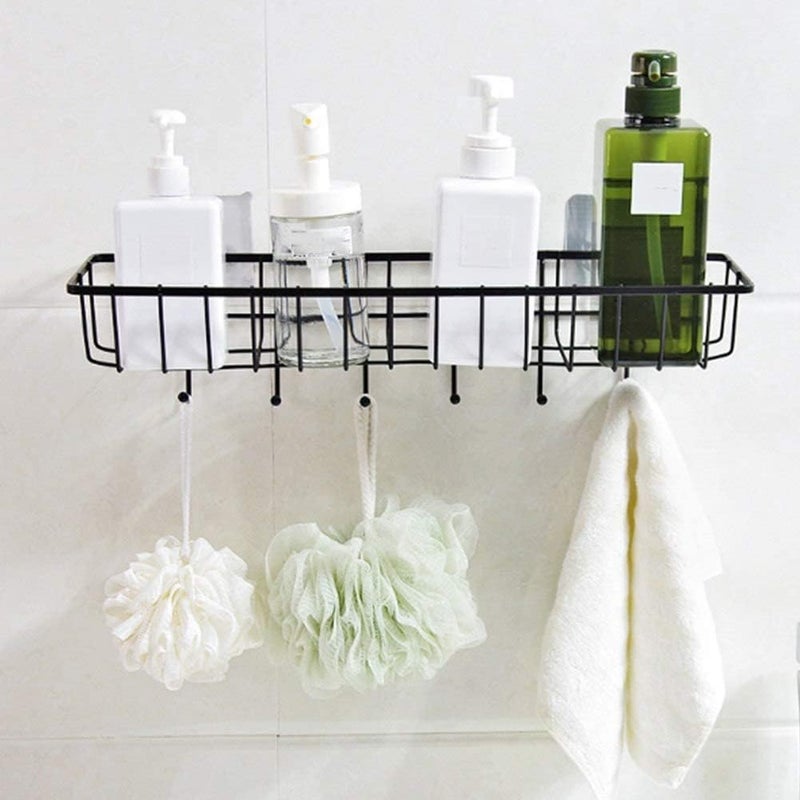 Rasikvar Kitchen Spice Rack, Wall Mounted Spice Shelf, Self-Adhesive Basket, Multipurpose Bathroom Shelf with 6 Hooks/Towel Holder/Rack/Bathroom Accessories - Wall Mount (Black,Powder Coated) - Image 5